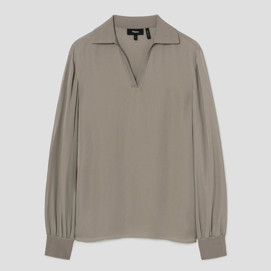 Theory Women Silk Combo Open Polo Top - Soft Taupe
