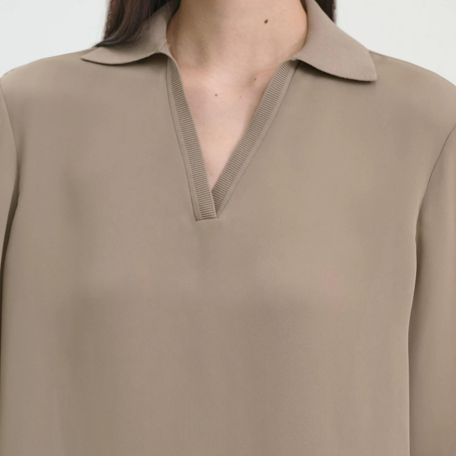 Theory Women Silk Combo Open Polo Top - Soft Taupe