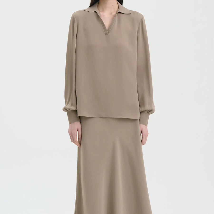 Theory Women Silk Combo Open Polo Top - Soft Taupe