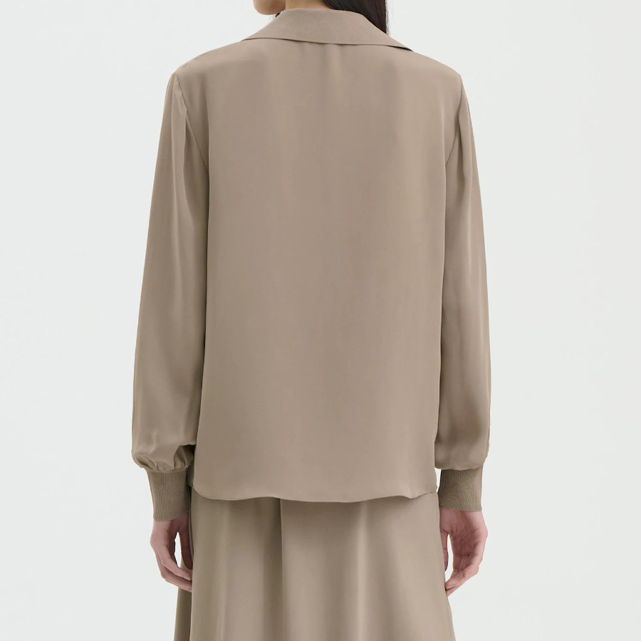 Theory Women Silk Combo Open Polo Top - Soft Taupe