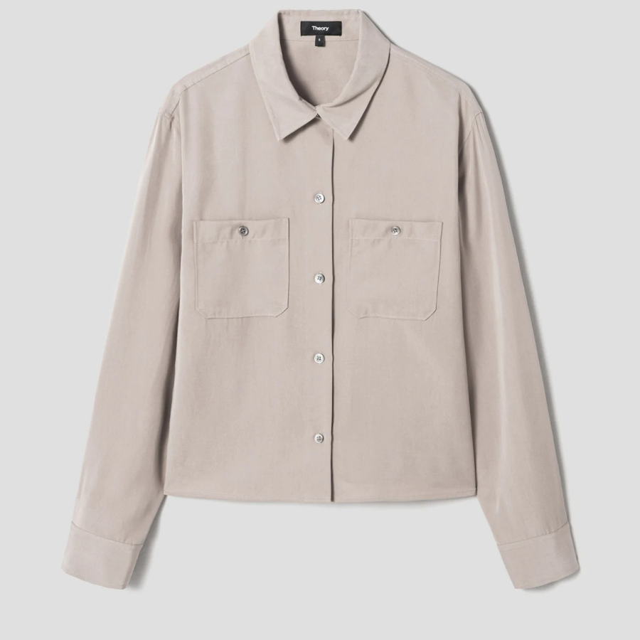 Theory Women Fluid Lyocell Boxy Pocket Shirt - Soft Taupe