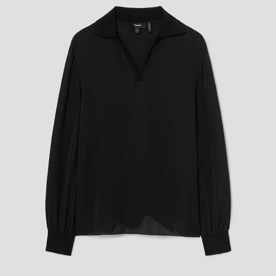 Theory Women Silk Combo Open Polo Top - Black
