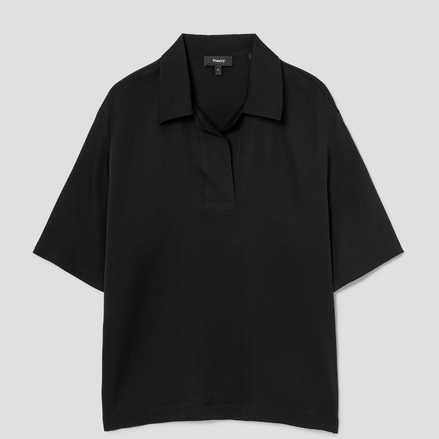 Theory Women Silk Georgette Fluid Polo Top - Black