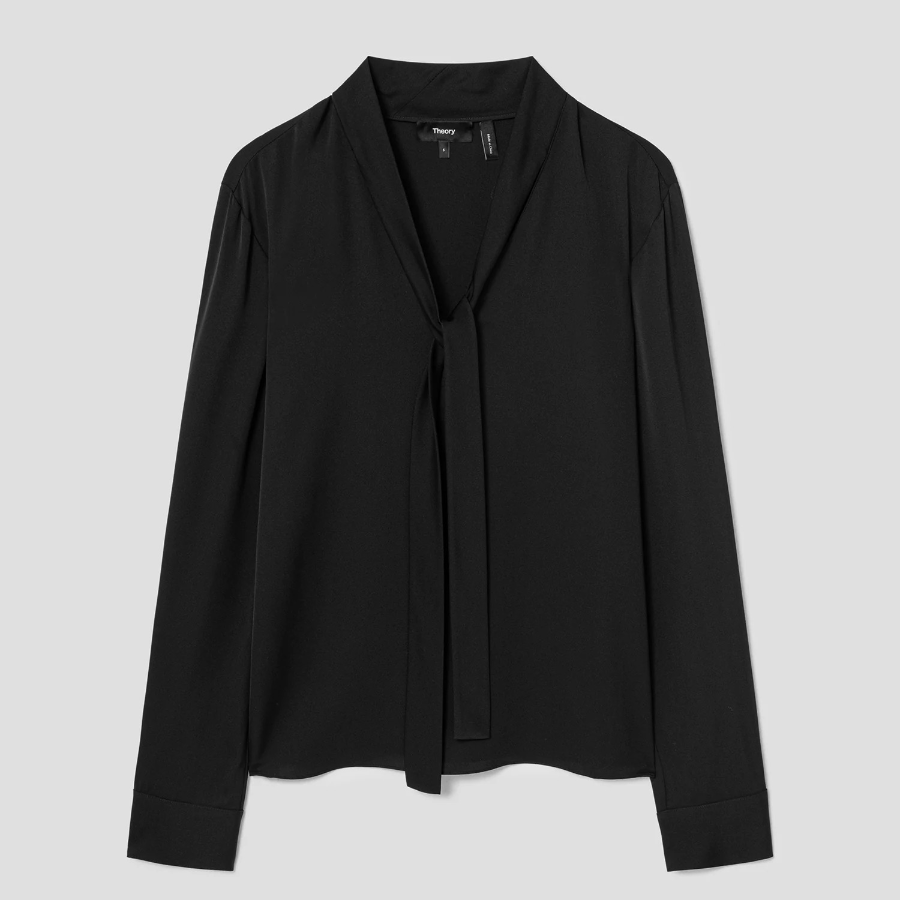 Theory Women Silk Georgette Open Neck Tie Blouse - Black