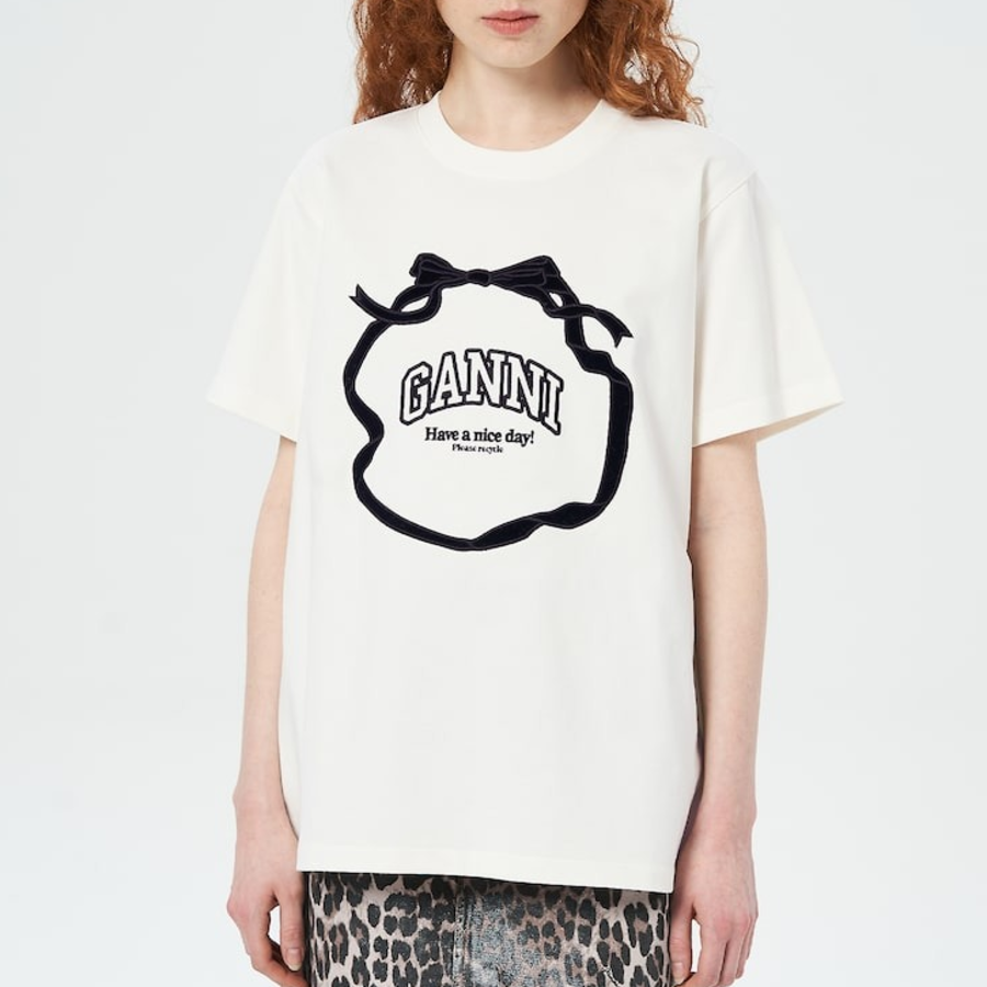 GANNI Heavy Cotton Bow Relaxed T-Shirt - Ivory