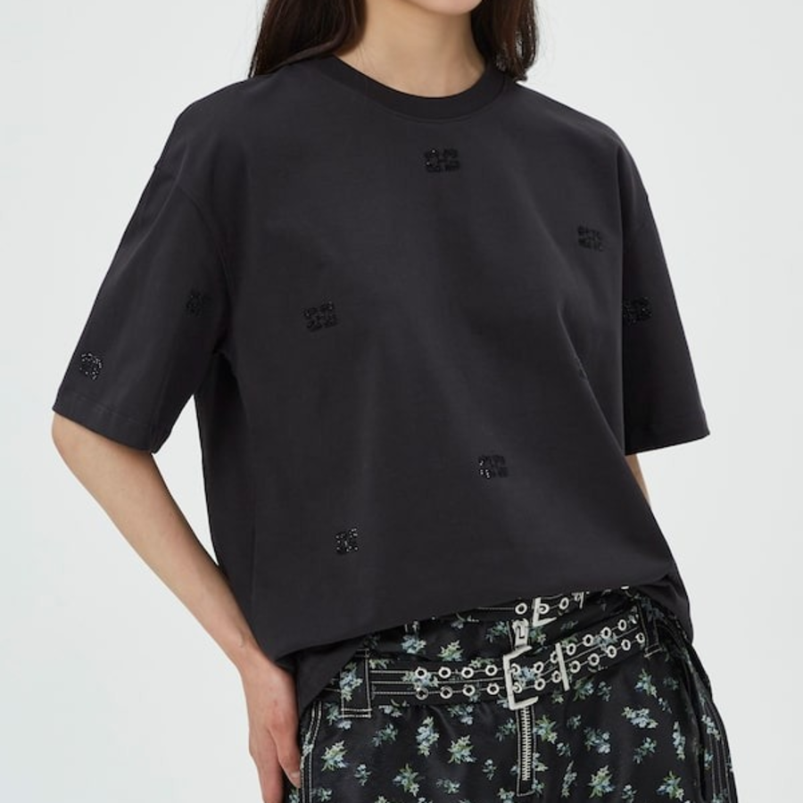 GANNI Heavy Cotton Rhinestone Drop Shoulder T-shirt - Phantom