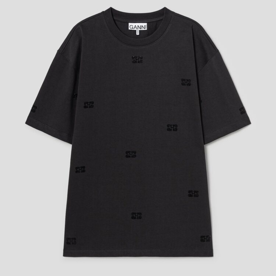 GANNI Heavy Cotton Rhinestone Drop Shoulder T-shirt - Phantom