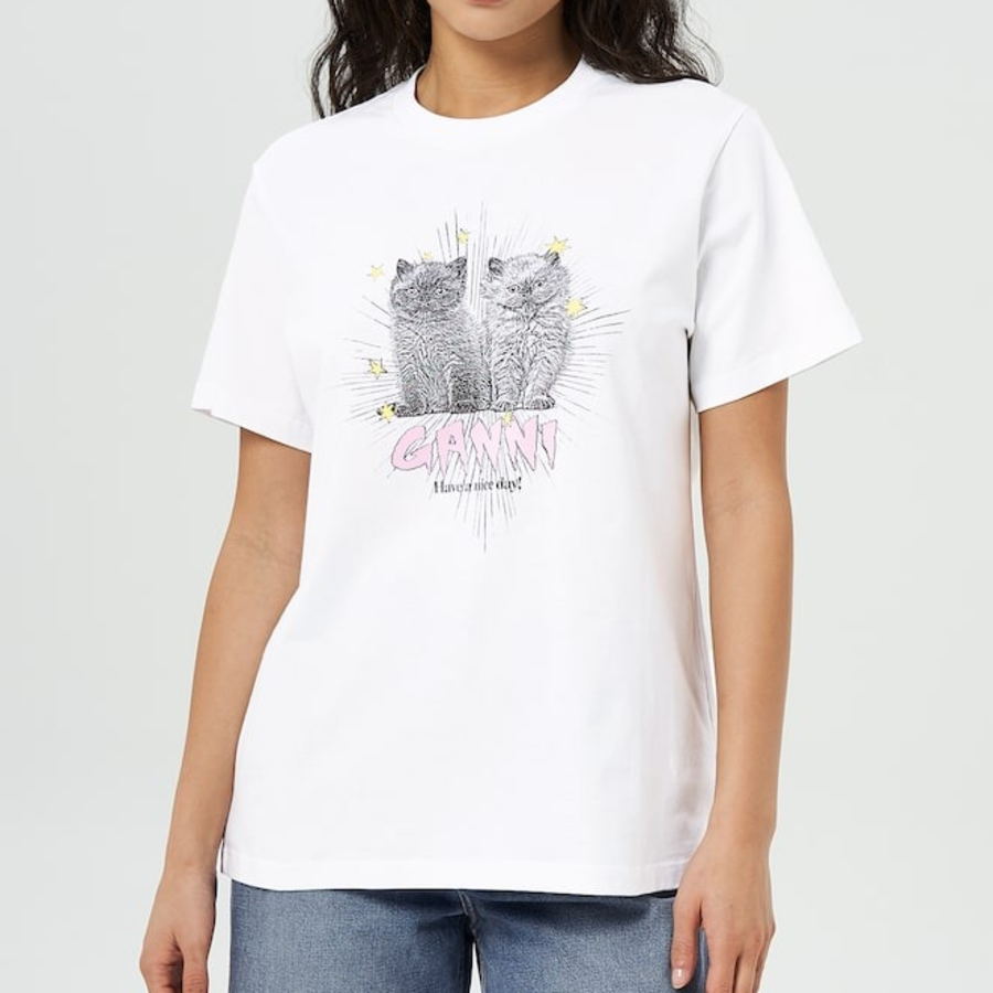 GANNI Basic Jersey Kittens Relaxed T-Shirt - Ivory