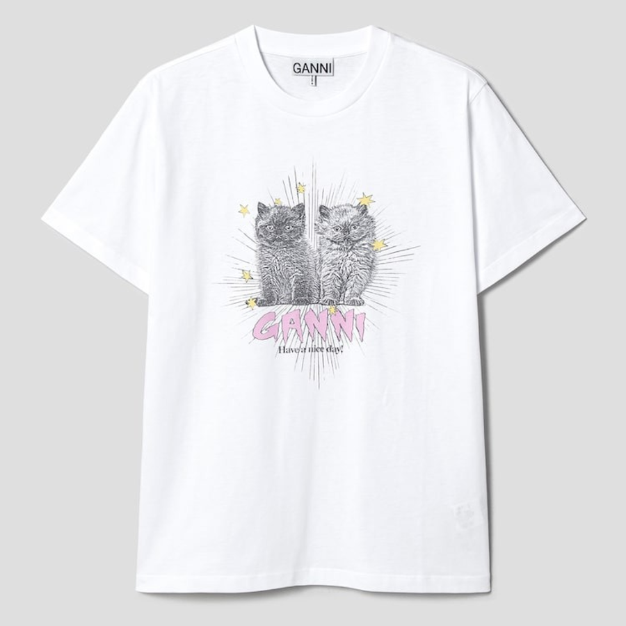 GANNI Basic Jersey Kittens Relaxed T-Shirt - Ivory