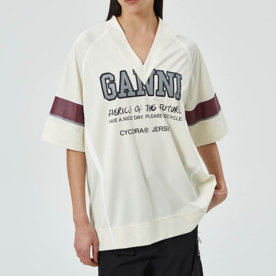 GANNI Future Mesh Oversized V-neck T-shirt - Antique White