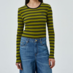 GANNI Striped Soft Cotton Rib Long Sleeve T-Shirt - Golden Cypress