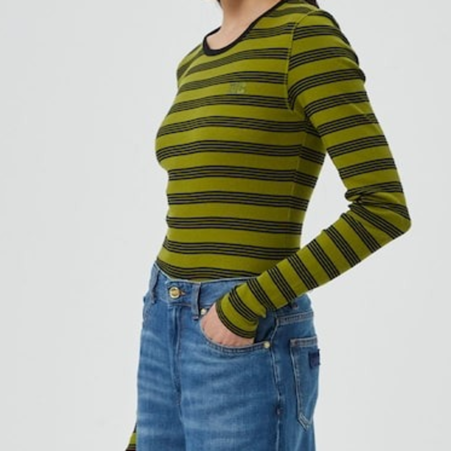 GANNI Striped Soft Cotton Rib Long Sleeve T-Shirt - Golden Cypress