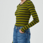 GANNI Striped Soft Cotton Rib Long Sleeve T-Shirt - Golden Cypress