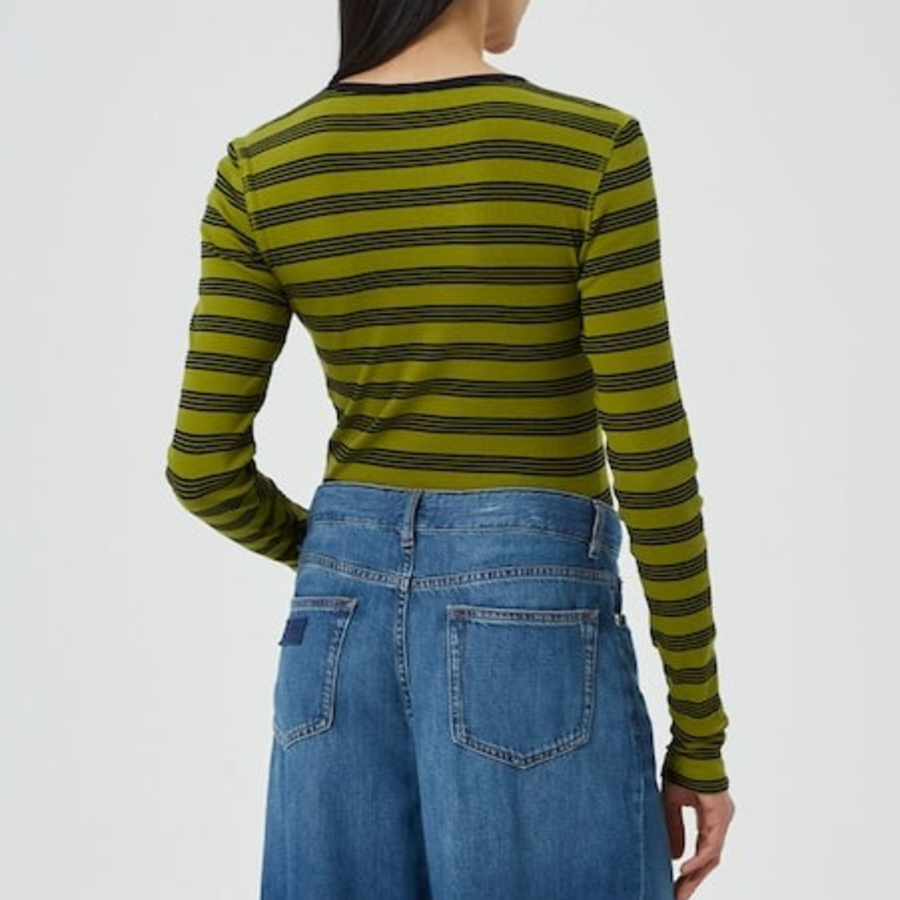 GANNI Striped Soft Cotton Rib Long Sleeve T-Shirt - Golden Cypress