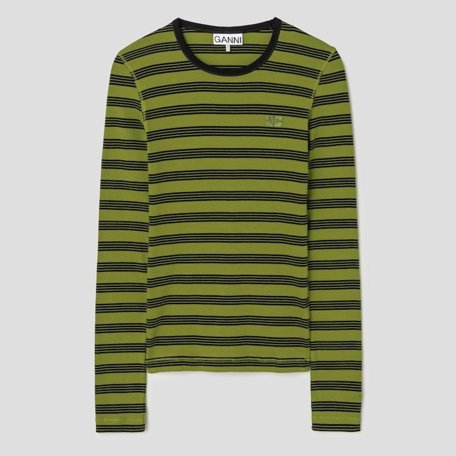 GANNI Striped Soft Cotton Rib Long Sleeve T-Shirt - Golden Cypress