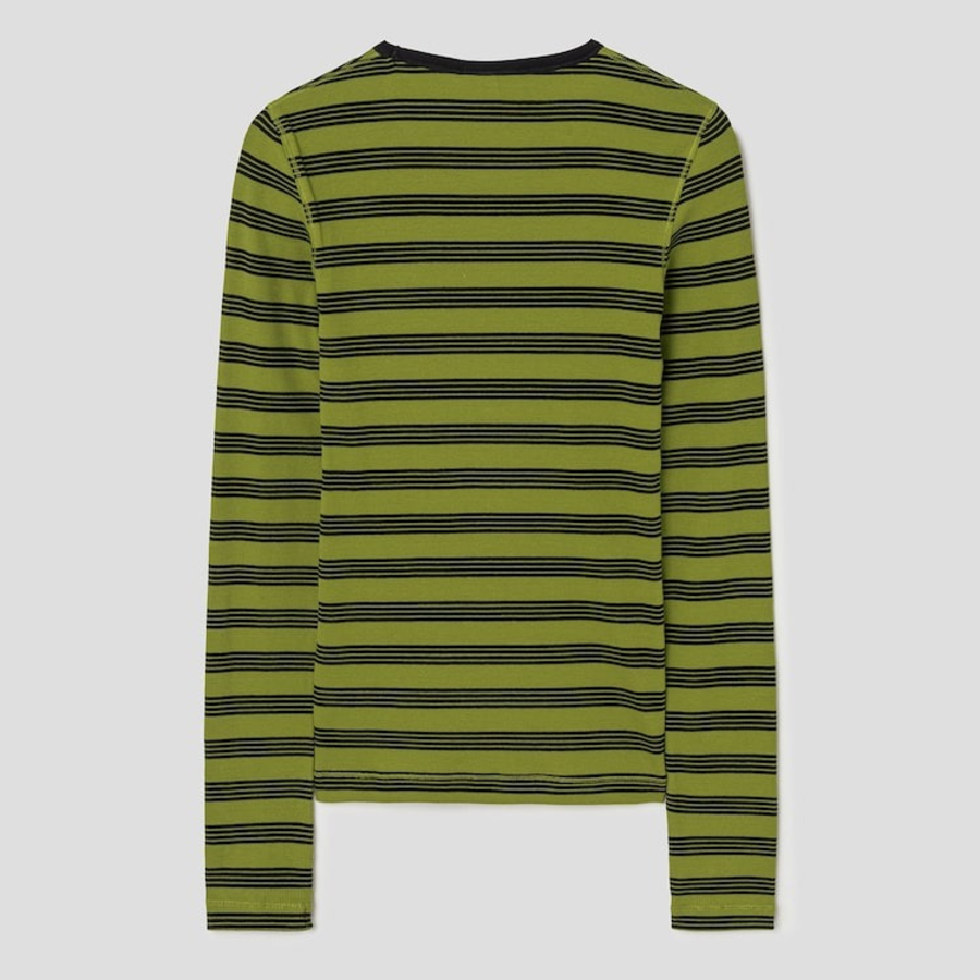 GANNI Striped Soft Cotton Rib Long Sleeve T-Shirt - Golden Cypress