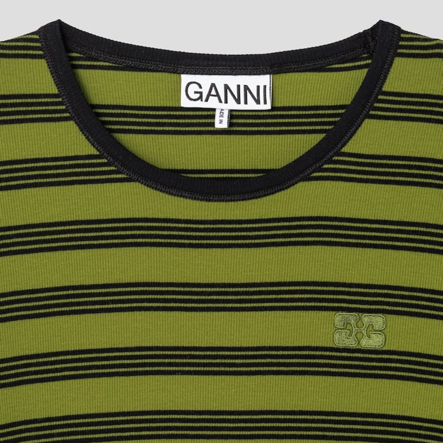 GANNI Striped Soft Cotton Rib Long Sleeve T-Shirt - Golden Cypress
