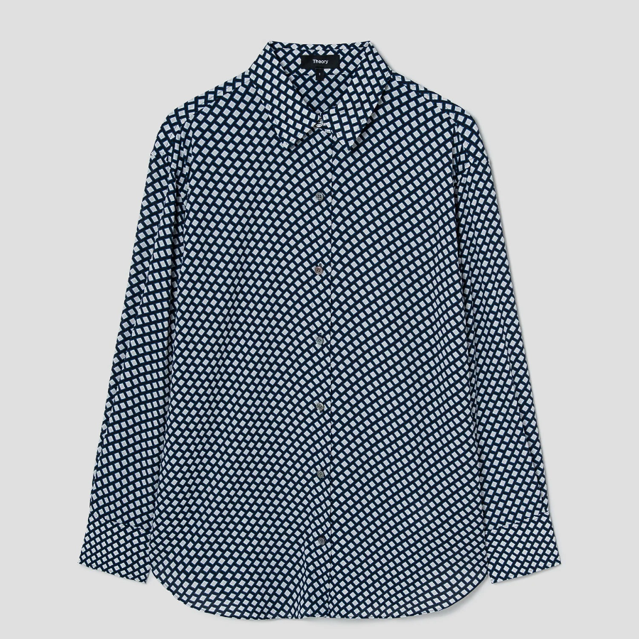 Theory Women Geo Block Georgette Boyfriend Shirt- Sapphire Multi