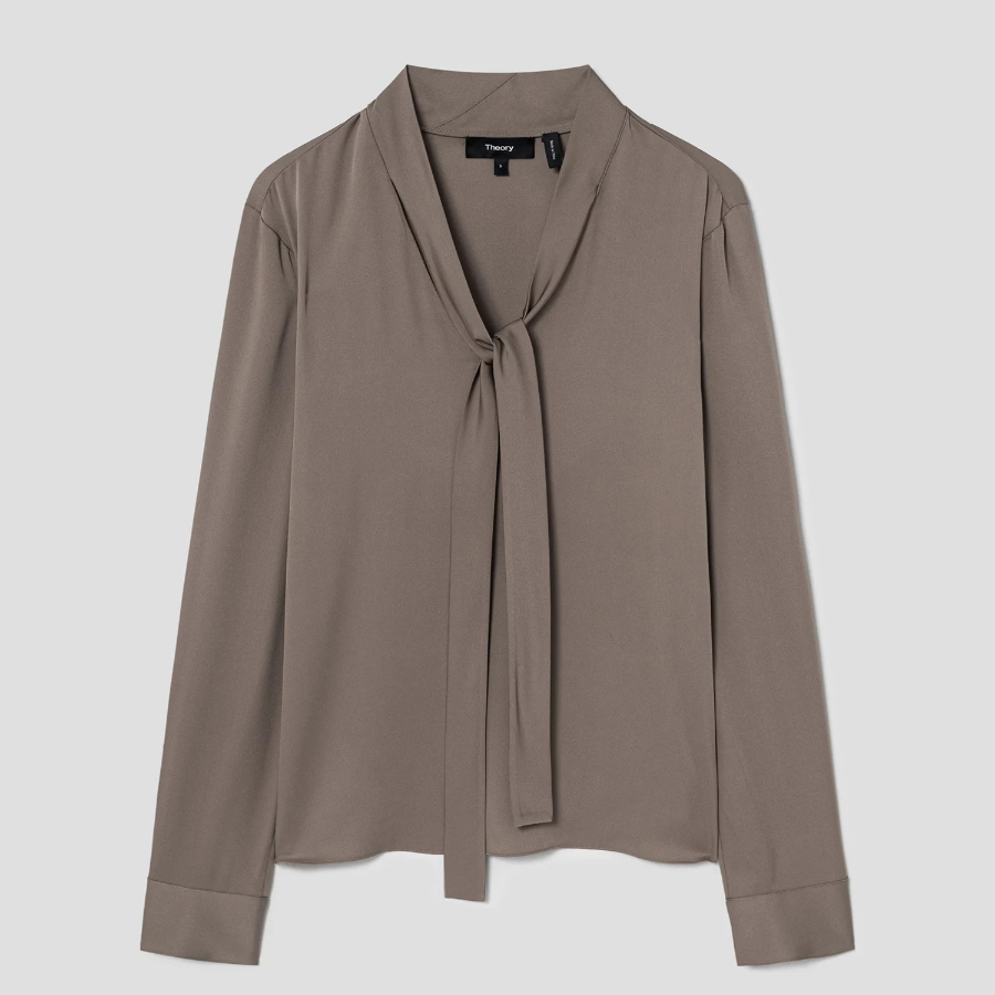 Theory Women Silk Georgette Open Neck Tie Blouse — Walnut