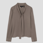 Theory Women Silk Georgette Open Neck Tie Blouse — Walnut