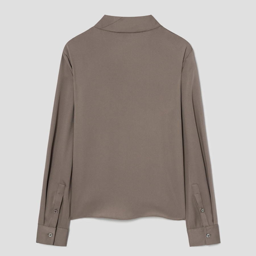 Theory Women Silk Georgette Open Neck Tie Blouse — Walnut