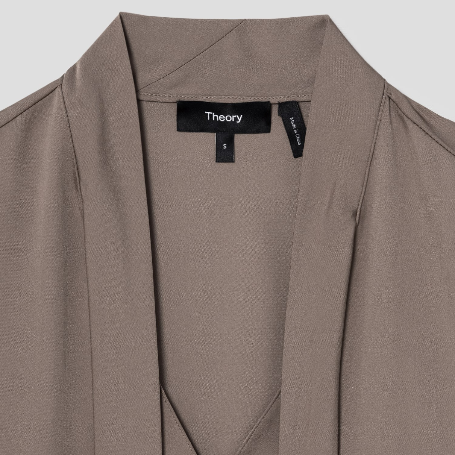 Theory Women Silk Georgette Open Neck Tie Blouse — Walnut