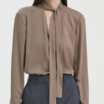 Theory Women Silk Georgette Open Neck Tie Blouse — Walnut