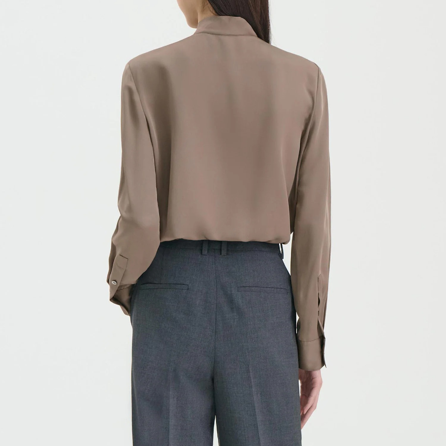 Theory Women Silk Georgette Open Neck Tie Blouse — Walnut