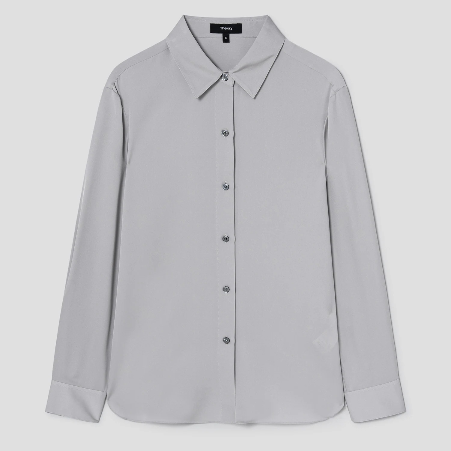 Theory Women Silk Georgette Straight Fit Shirt — Light Grey
