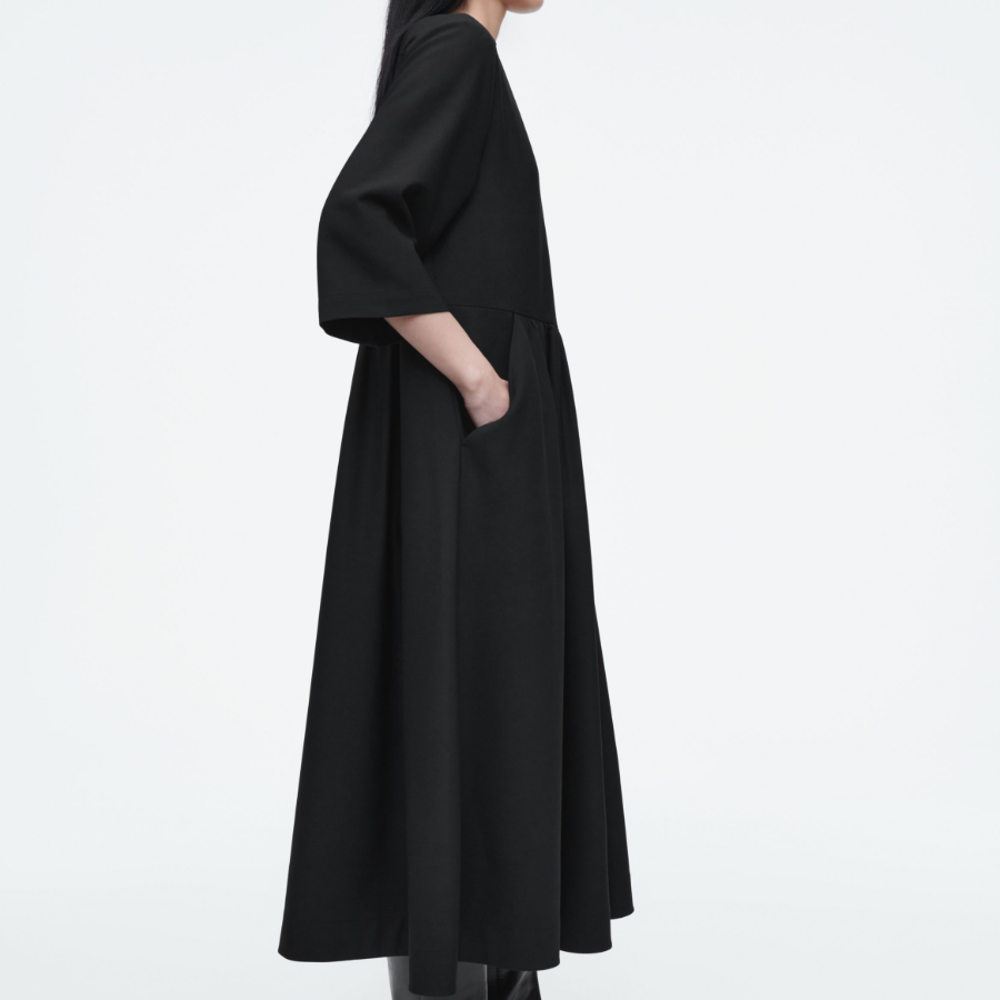 COS – Gathered Wool Blend Midi Dress Black