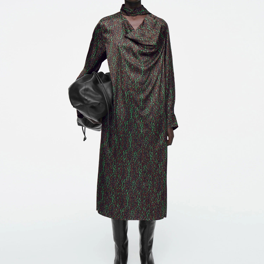 COS – Scarf Detail Printed Midi Dress Black