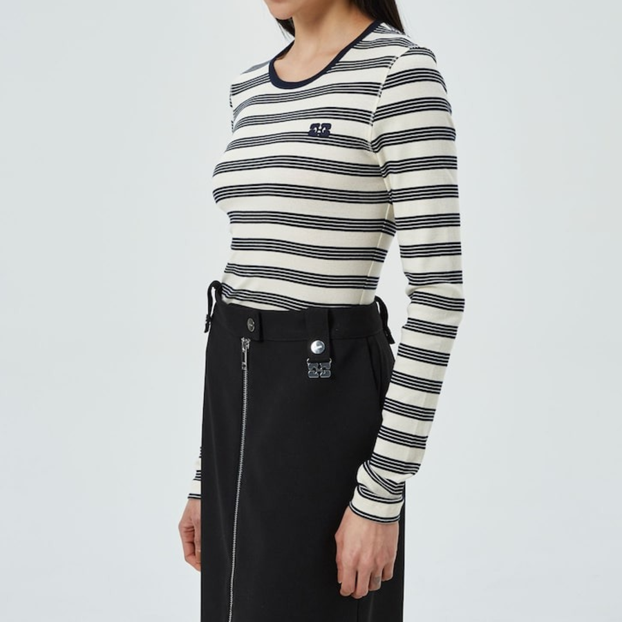 GANNI Striped Soft Cotton Rib Long Sleeve T-Shirt - Sky Captain