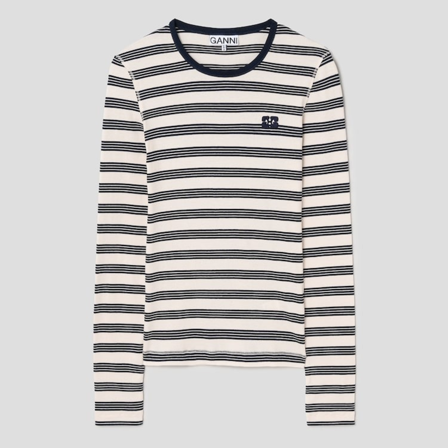 GANNI Striped Soft Cotton Rib Long Sleeve T-Shirt - Sky Captain