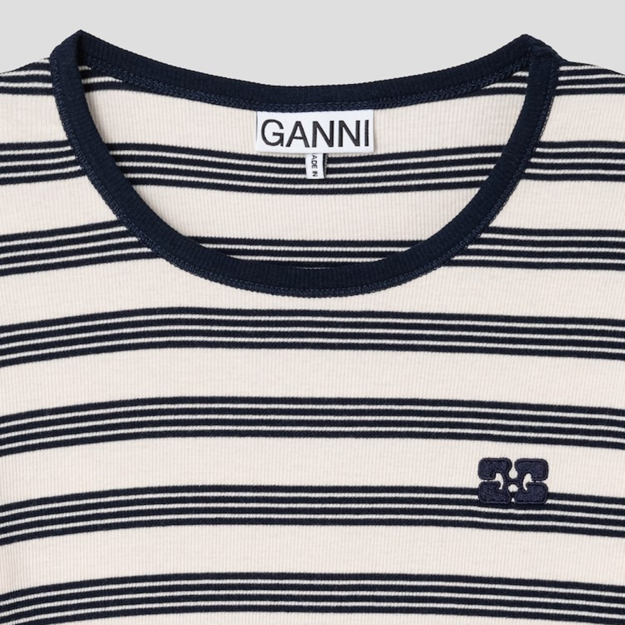 GANNI Striped Soft Cotton Rib Long Sleeve T-Shirt - Sky Captain