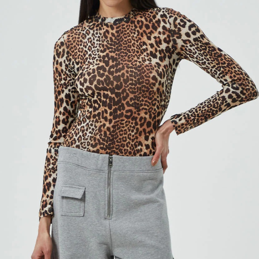 GANNI Printed Marl Mesh Long Sleeve Top - Leopard