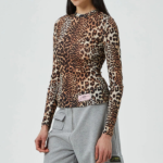 GANNI Printed Marl Mesh Long Sleeve Top - Leopard