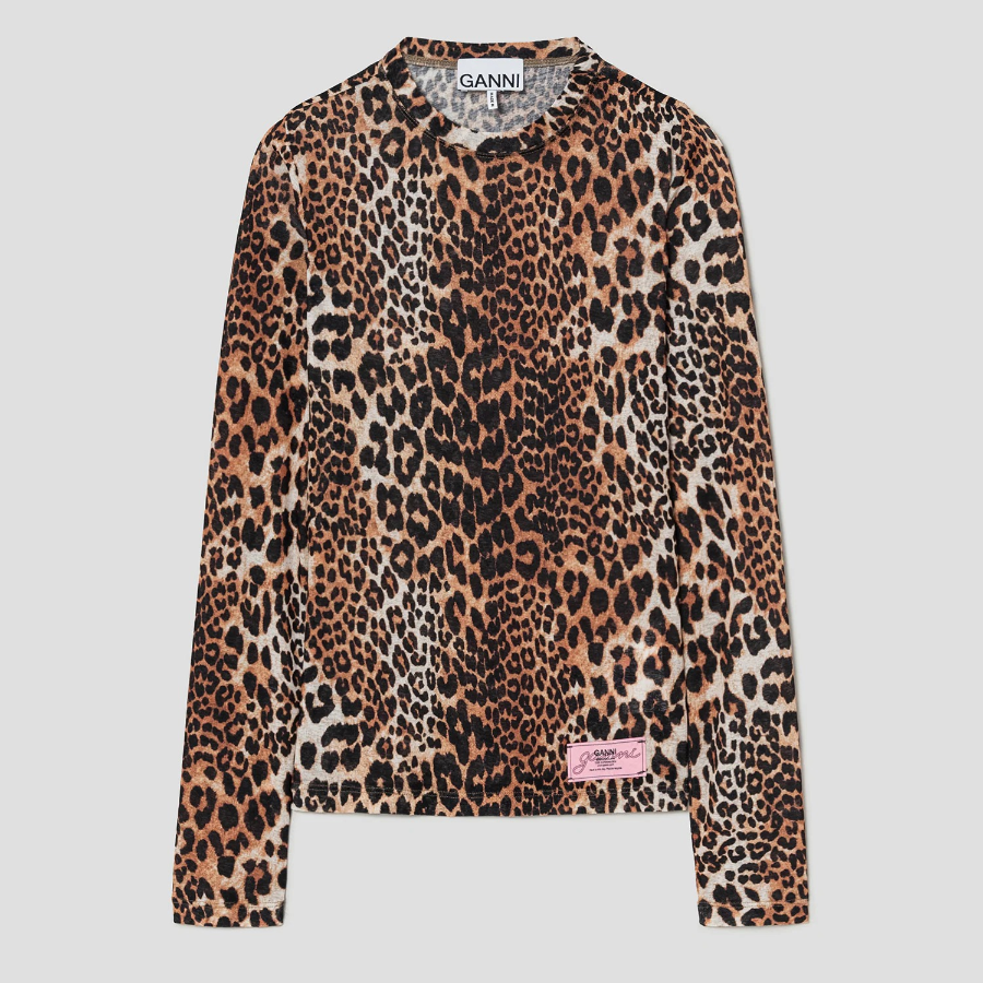 GANNI Printed Marl Mesh Long Sleeve Top - Leopard