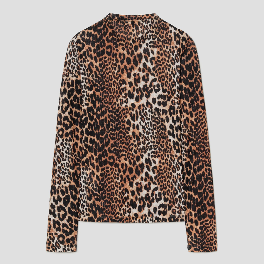 GANNI Printed Marl Mesh Long Sleeve Top - Leopard