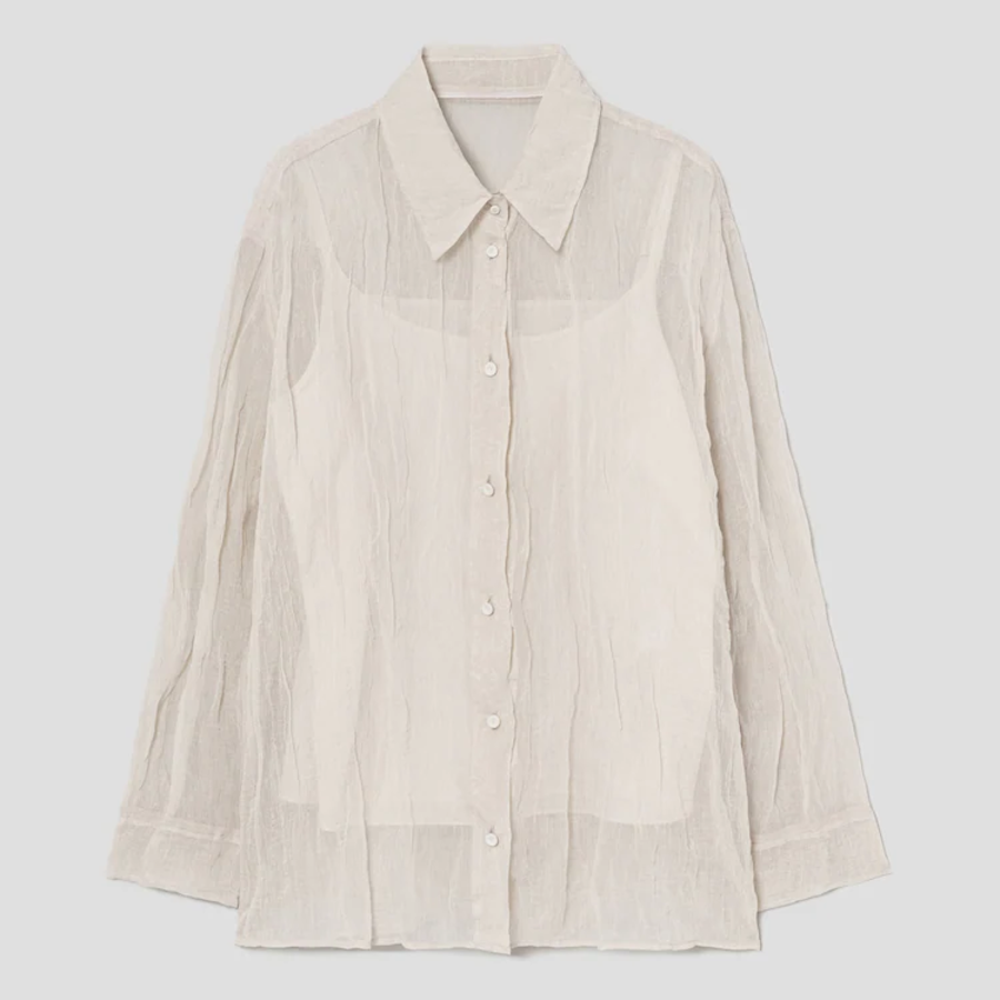 KUHO [Crease Series] Collar Neck See-Through Blouse - Ivory