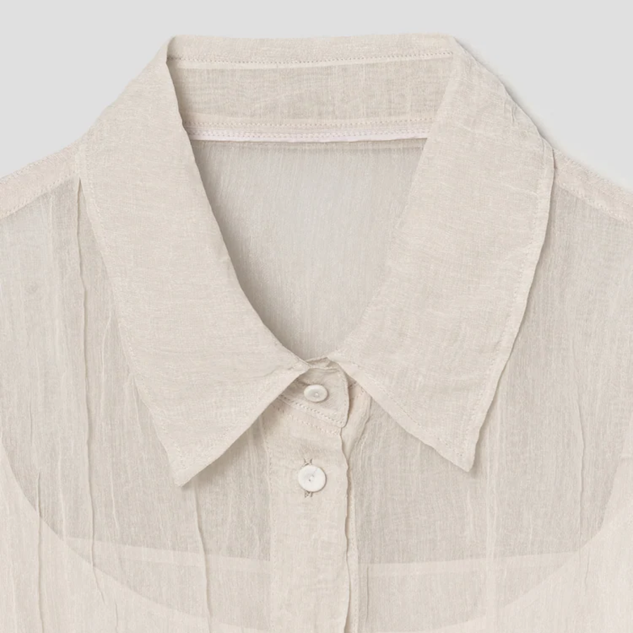 KUHO [Crease Series] Collar Neck See-Through Blouse - Ivory