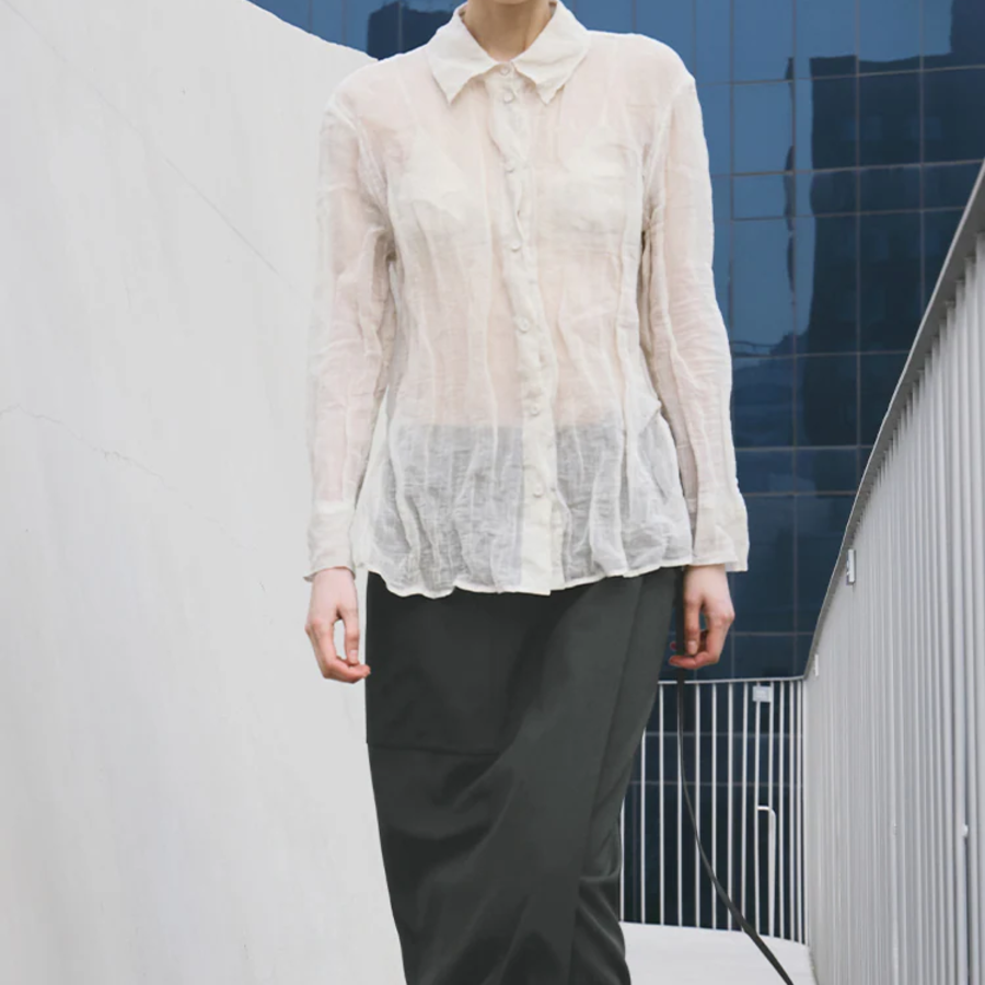 KUHO [Crease Series] Collar Neck See-Through Blouse - Ivory