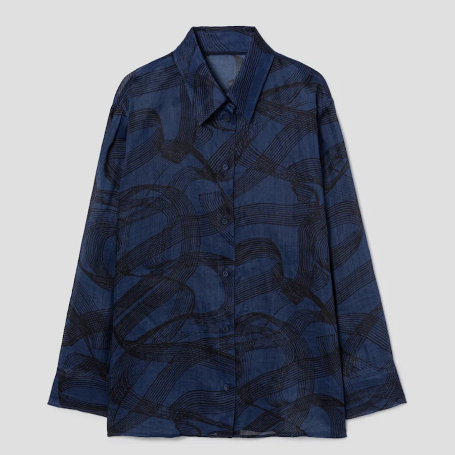 KUHO Collar Neck See-Through Blouse - Navy