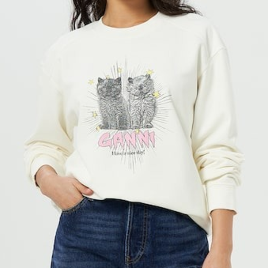 GANNI [EXCLUSIVE] Isoli Kittens Drop Shoulder Sweatshirt - White