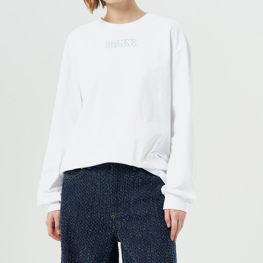 GANNI Future Heavy Jersey Rose Long Sleeve T-Shirt - White