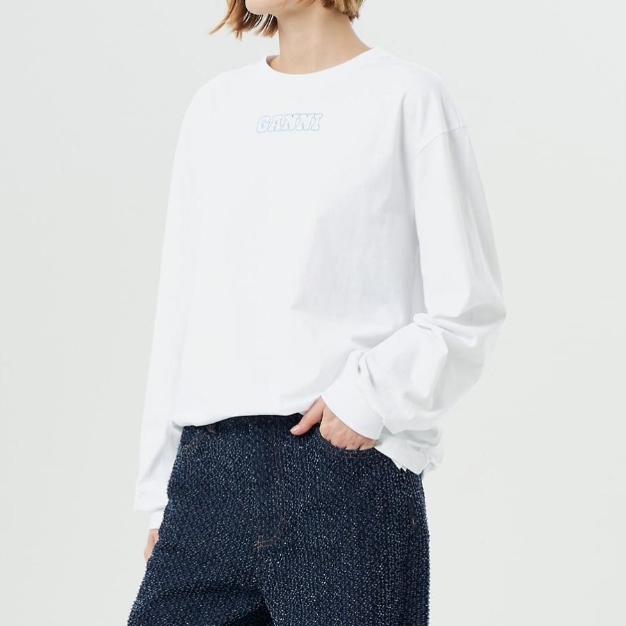 GANNI Future Heavy Jersey Rose Long Sleeve T-Shirt - White
