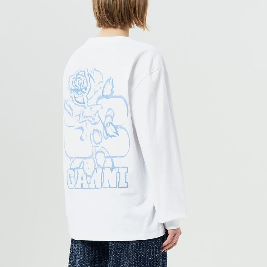 GANNI Future Heavy Jersey Rose Long Sleeve T-Shirt - White