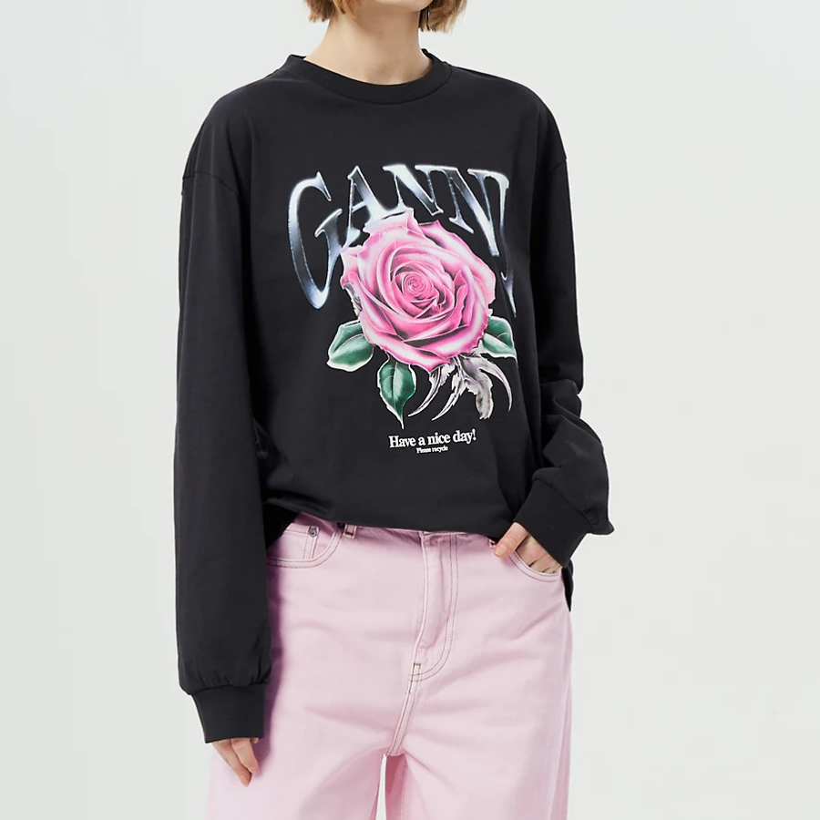 GANNI Future Heavy Jersey Rose Long Sleeve T-shirt - Ash