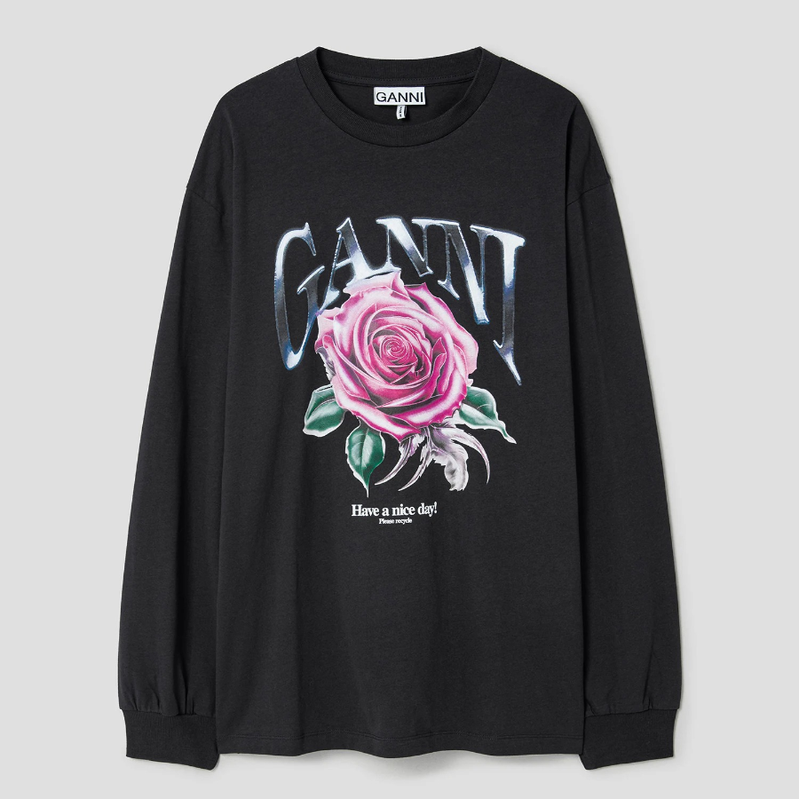 GANNI Future Heavy Jersey Rose Long Sleeve T-shirt - Ash