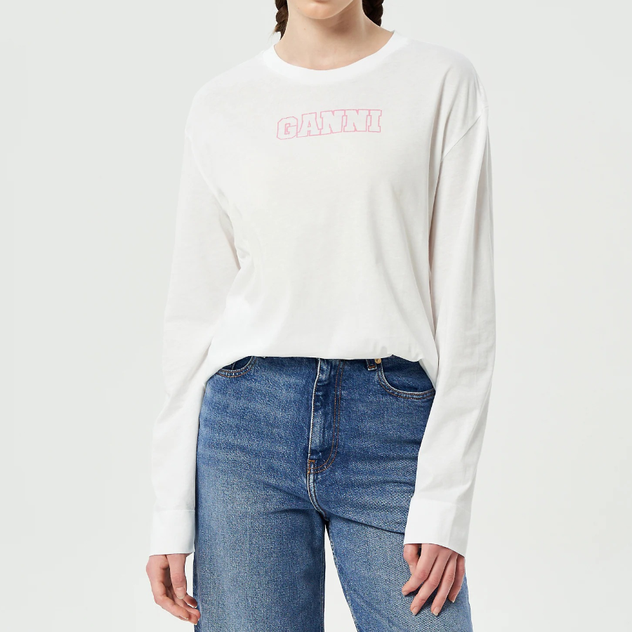 GANNI Thin Jersey Rose Long Sleeve T-shirt - Bright White
