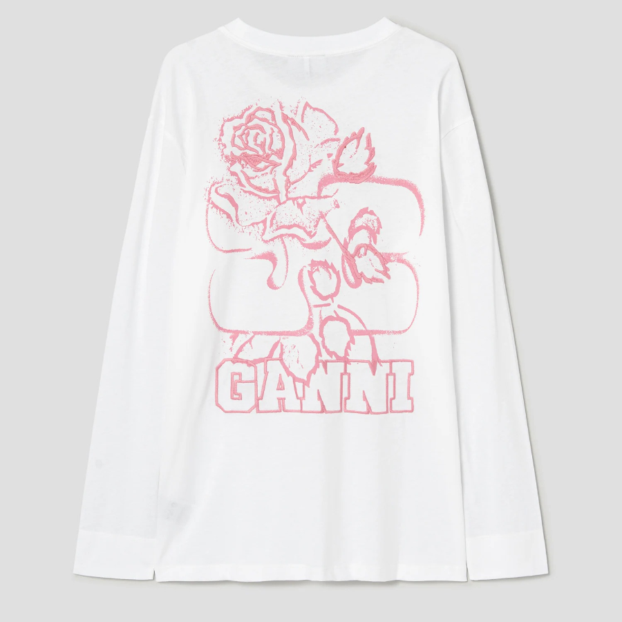 GANNI Thin Jersey Rose Long Sleeve T-shirt - Bright White